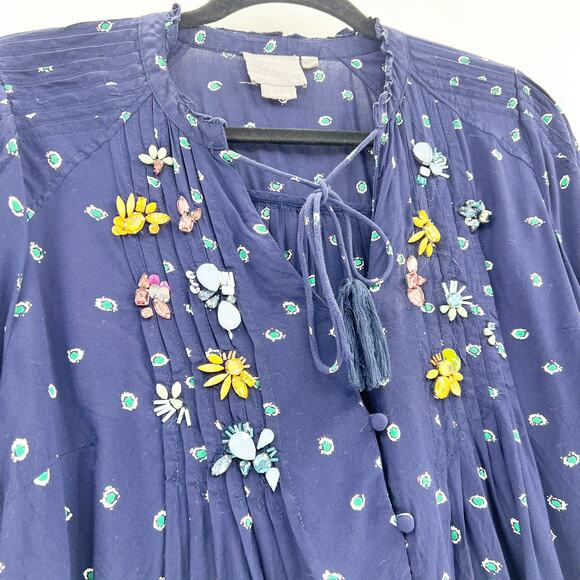 Vanessa Virginia Anthro Blue Long Sleeve Floral‎ Jeweled Top Blouse 12 - Picture 5 of 8